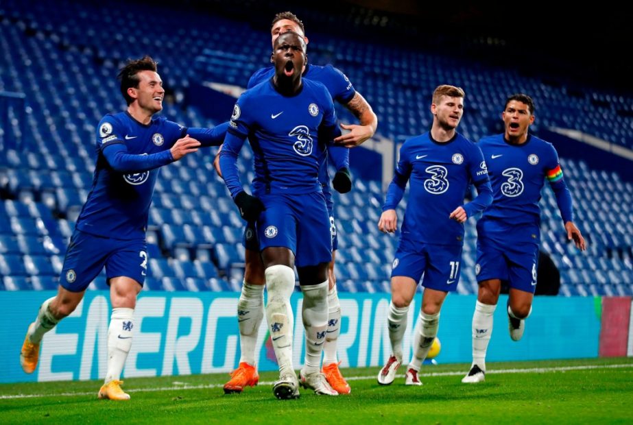 Chelsea defender Kurt Zouma (center) celebrates his goal against Leeds United in a 3-1 Premier League win on Saturday.