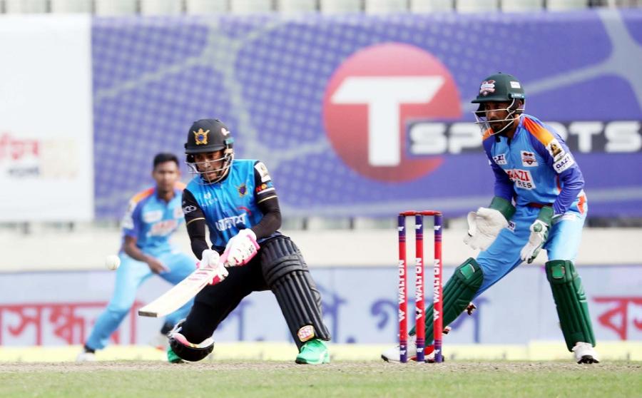 Mushfiqur Rahim of Beximco Dhaka plays a shot against Gazi Group Chattogram in their match of the Bangabandhu T20 Cup Cricket at the Sher-e-Bangla National Cricket Stadium in the city's Mirpur on Sunday. Mushfiqur was adjudged the Man of the Match.