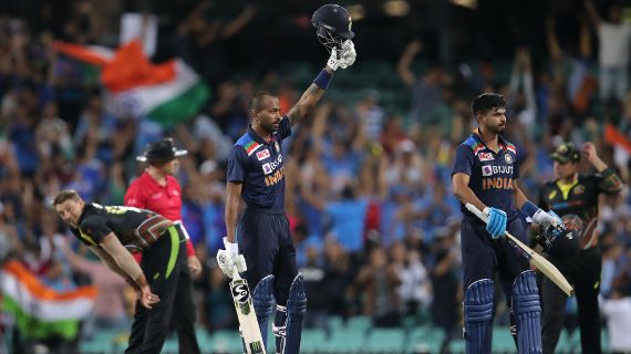 Hardik Pandya (second from left) of India celebrating after beating Australia in their second T20 International Cricket match at Sydney in Australia on Sunday.