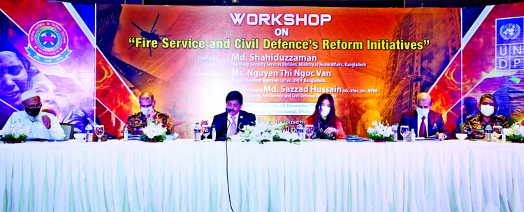 Secretary of Security Services Division of the Home Ministry Md. Shahiduzzaman speaks at a workshop on 'Fire Service and Civil Defence's Reform Initiatives' organised by FSCD Directorate at Hotel Intercontinental in the city on Tuesday. DG of the direc