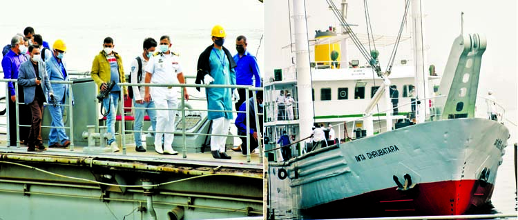 State Minister for Shipping Khalid Mahmud Chowdhury inspects floating dock of BIWTA in the city's Shyampur on Tuesday. BIWTA Chairman Commodore Golam Sadek was also present on the occasion. BIWTA's ship Dhrubatara was undocked during the time.