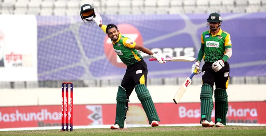 Najmul Hossain Shanto of Minister Group Rajshahi reacts after his century against Fortune Barishal during the match of the Bangabandhu T20 Cup Cricket at the Sher-e-Bangla National Cricket Stadium in the city's Mirpur on Tuesday. Despite Shanto's centur