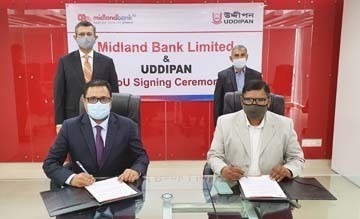 Md. Ridwanul Hoque, Head of Retail Distribution of Midland Bank Limited and Bidyut Kumar Basu, Executive Director & CEO of Uddipan, exchanging a MoU signing document at bank head office in the city on Monday. Under the MoU, Uddipan will use the bank's Mi