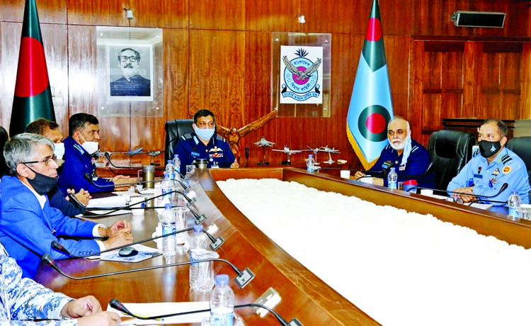 Chief of Air Staff Air Chief Marshal Masihuzzaman Serniabat, among others, at a discussion on 'Airport Emergency Exercise-2020' held between Bangladesh Air Force and Civil Aviation Authority at BAF Headquarters, Dhaka Cantonment on Thursday. ISPR photo