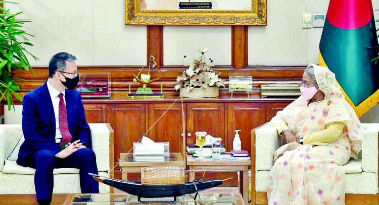 South Korean Envoy to Bangladesh Lee Jang Keun pays a courtesy call on Prime Minister Sheikh Hasina at Ganobhaban on Thursday. PMO photo