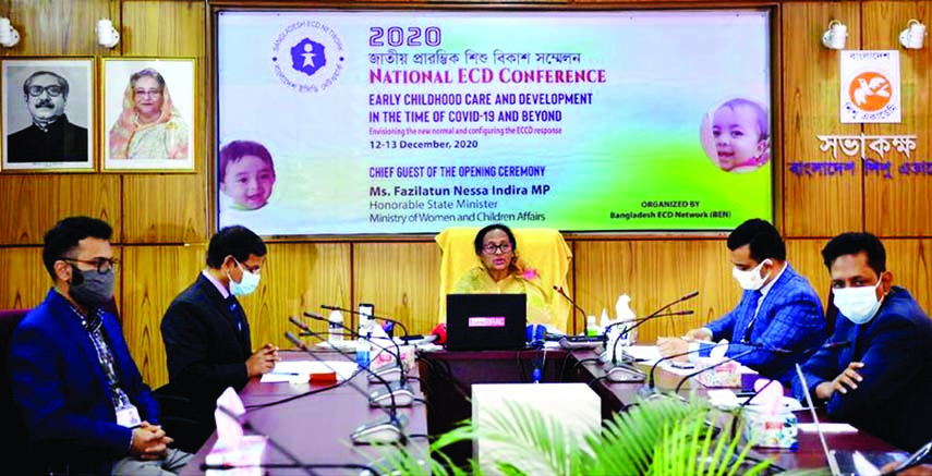 State Minister for Women and Children Affairs Fazilatun Nesa Indira speaks at a conference on 'Early Childhood Care' virtually at Bangladesh Shishu Academy in the city on Saturday.