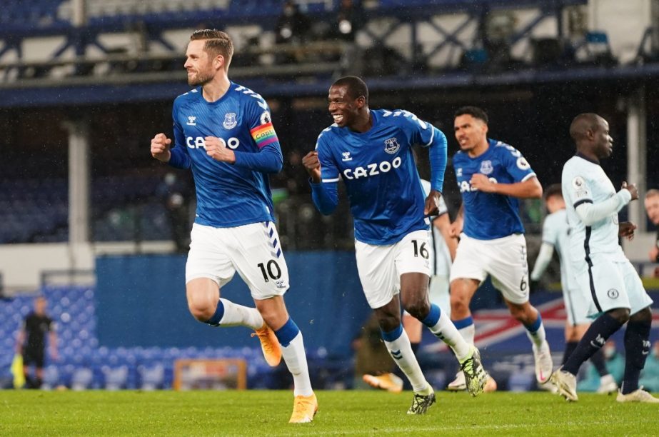 Everton's English striker Dominic Calvert-Lewin celebrates after the English Premier League football match between Everton and Chelsea at Goodison Park in Liverpool, North West England on Saturday.