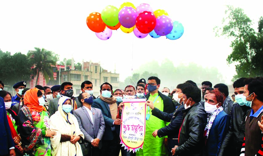 State Minister for Shipping Khalid Mahmud Chowdhury, MP, inaugurating the two-month long football coaching camp by releasing the balloons as the chief guest at Birol Pilot Model High School Ground in Dinajpur on Tuesday. Moushumi Krira Chakra has arranged