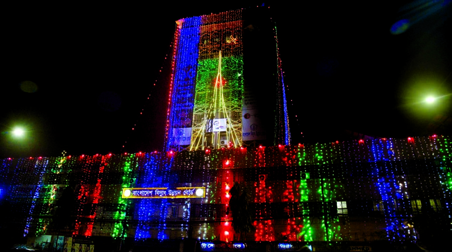 A government building (Bidyut Bhaban) in the capital illuminated in red and green marking the Victory Day. This photo was taken around 6.30pm yesterday