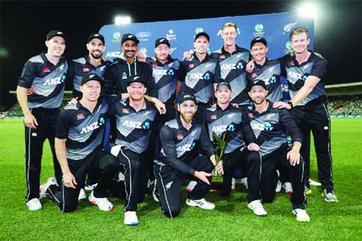 New Zealand's team pose for a group picture after their T20I series win over Pakistan at the end of the third T20I cricket match between New Zealand and Pakistan at McLean Park in Napier on Tuesday.