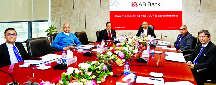 Muhammad A. (Rumee) Ali, Chairman, Board of Directors of AB Bank Limited, presiding over its 700th Board of Directors' meeting at the bank's head office in the city on Tuesday. Shajir Ahmed, Barrister Khairul Alam Choudhury, Kaiser A. Chowdhury, Shafiqu
