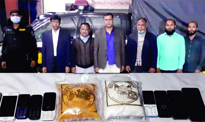 RAB-10 detains six persons with cocaine worth about Taka sixty crore conducting raid in the city's Gulistan and Konapara areas on Wednesday.