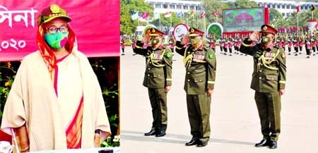 Prime Minister Sheikh Hasina takes salam from her official Ganabhaban residence through video conference marking the President Parade-2020 of the passing out cadets of the 79th BMA Long Course at a ceremony organised at the parade ground of the Bangladesh