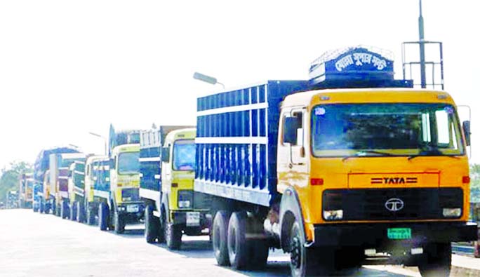 Many trucks get stranded on Sylhet-Dhaka on Thursday as a 72-hour transport strike, enforced by the transport workers and owners, is underway in Sylhet division with a demand to resume stone extraction from quarries.