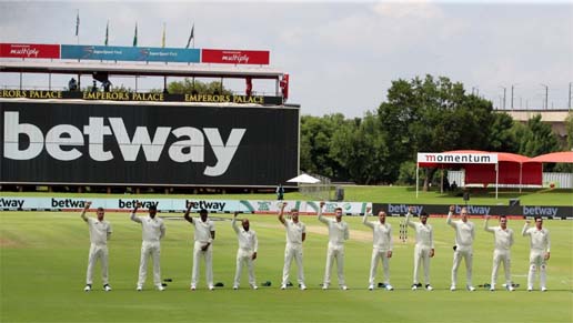 South Africa players raise fists in anti-racism gesture before their Test against Sri Lanka at SuperSport Park in Centurion on Saturday.