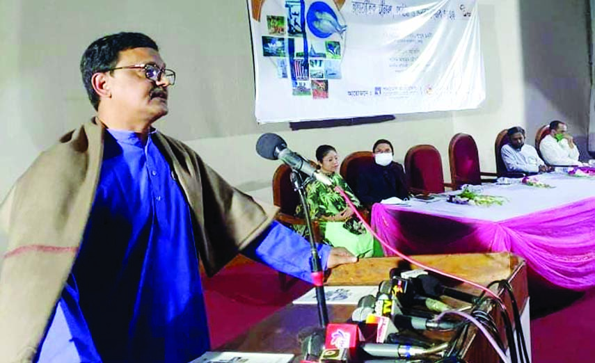 State Minister for Shipping Khalid Mahmud Chowdhury speaks at the concluding ceremony of 'International Hilsha, Tourism and Development Festival-2020' organised by Padakshep Bangladesh, a non-government organisation at Cox's Bazar Cultural Center on Sa