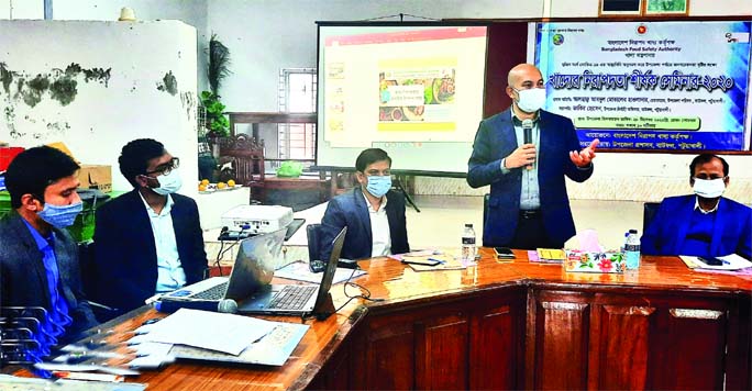 Motaleb Hawlader, chairman of Bauphal Upazila in Patuakhali, speaks at a seminar on food security held in the Upazila Auditorium on Monday organized by Bangladesh Safe Food Authority, Patuakhali in collaboration with the upazila administration. Upazila Ni