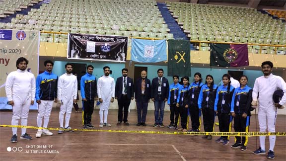 The Fencing (Men's & Women's) team of Begum Rokeya University of Rangpur with the Vice-Chancellor of Begum Rokeya Univesity Professor Dr Major Nazmul Ahsan Kalimullah pose for a photo session at the Shaheed Suhrawardy Indoor Stadium in the city's Mirpu