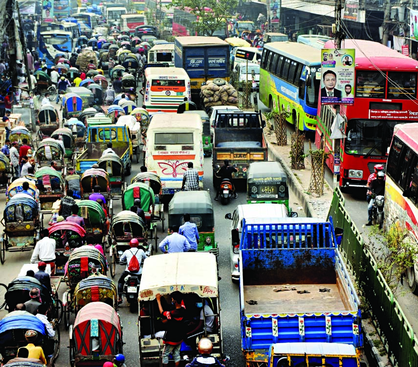 Hundreds of vehicles get stuck on the roads in the capital on Wednesday due to increased traffic movement. This photo was taken from cityâ€™s North South Road.