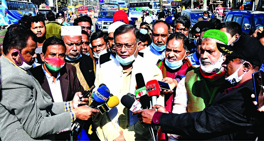 Information Minister Dr. Hasan Mahmud briefs journalists after inspecting development activities at Alongkarmore in Chattogram on Saturday.