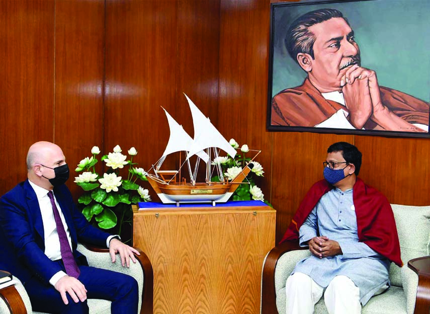 Turkish Ambassador to Bangladesh Mustafa Osman Turan calls on State Minister for Shipping Khalid Mahmud Chowdhury at his Secretariat office on Sunday.