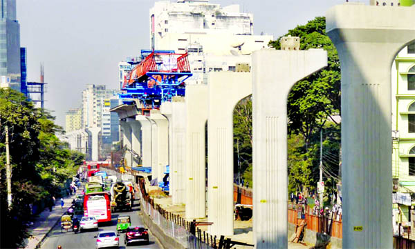 Construction work of the Mass Rapid Transit-MRT Line-6 is progressing fast as the country's first overhead metro rail is expected to start its test and trial run very soon. This photo was taken from the capital's Sonargaon Hotel intersection site on Sun