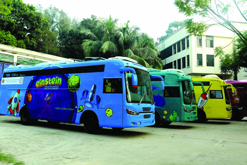 Some buses of modern technology being inducted at the National Science and Technology Museum in the city's Agargaon with a view to giving science education among the students as Mobile Science Museum. The snap was taken on Tuesday.