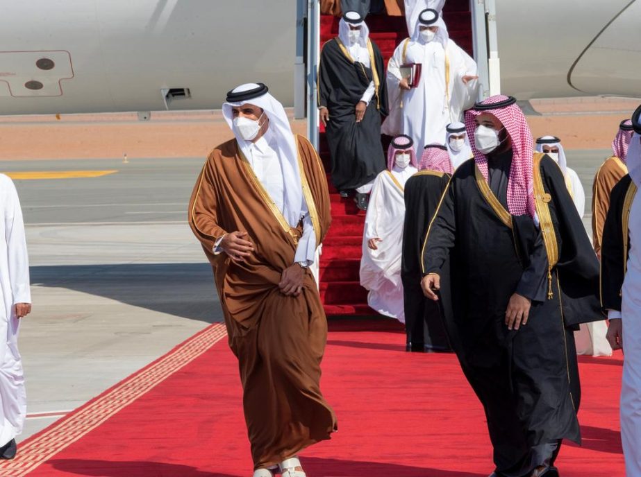 Saudi Arabia's Crown Prince Mohammed bin Salman welcomes Qatar's Emir Sheikh Tamim bin Hamad al-Thani upon his arrival to attend the Gulf Cooperation Council's (GCC) 41st Summit in Al-Ula, Saudi Arabia on Tuesday.