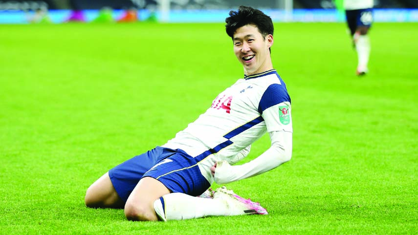 Tottenham Hotspur's Son Heung-min celebrates scoring their second goal against Brentford on Tuesday.