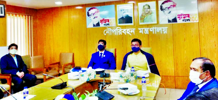 State Minister for Shipping Khalid Mahmud Chowdhury presides over the meeting about the dredging works of Rabanabad Channel of Paira Port in the seminar room of the ministry on Thursday.