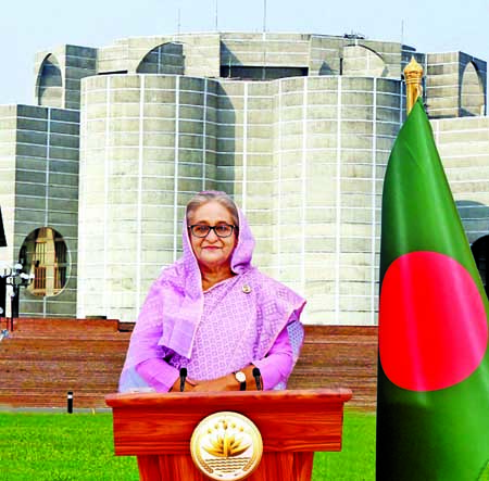 Prime Minister Sheikh Hasina addresses the nation on Thursday from Ganobhaban marking the second anniversary of the incumbent government. PMO photo