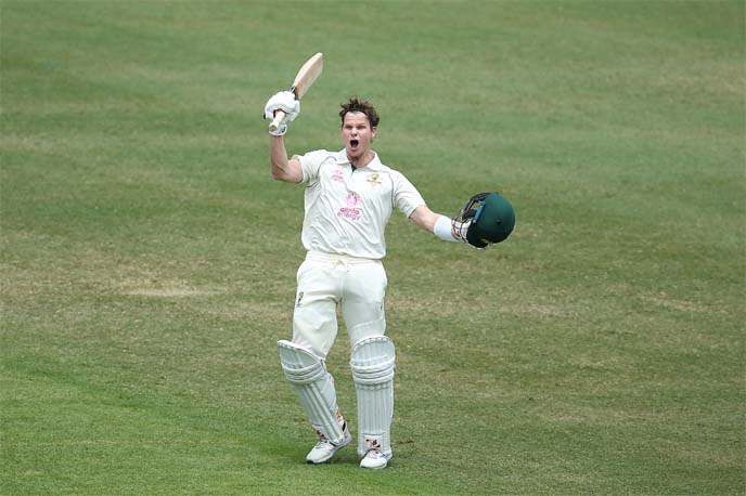 Steven Smith of Australia roars after bringing up his hundred against India on the 2nd day of the 3rd Test between India and Australia at the Sydney Cricket Ground in Sydney, Australia on Friday.