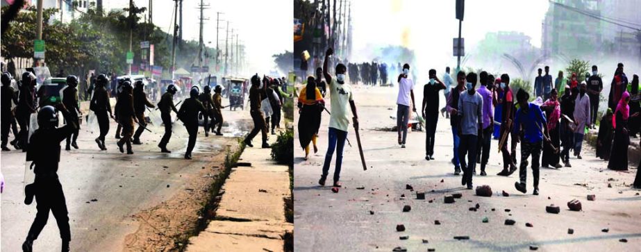 RMG workers are seen pelting brickbats to police during their demonstration on Adamjee-Narayanganj road in front of the Narayanganj's Adamjee Export Processing Zone (EPZ) on Saturday demanding arrear salaries. Police lobbed tear gas shells to disperse wo