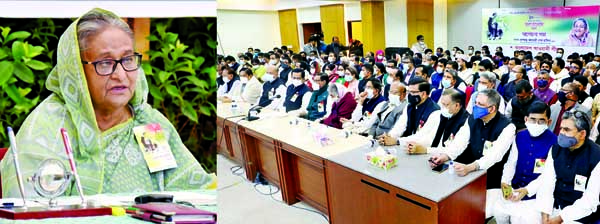 Prime Minister Sheikh Hasina speaks at a discussion meeting virtually from Ganobhaban in the capital marking the Homecoming Day of the Father of the Nation Bangabandhu Sheikh Mujibur Rahman on Sunday. PID photo