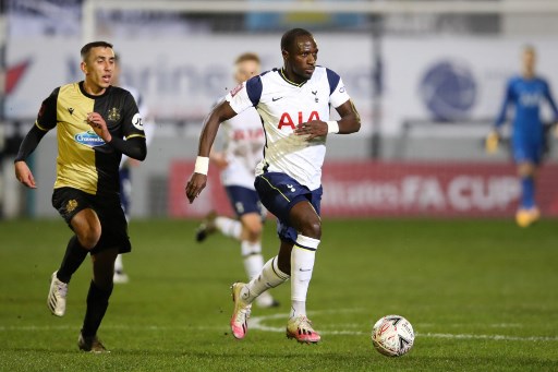Tottenham Hotspur's midfielder Sissoko runs with the ball during the English FA Cup third round football match against Marine at Rossett Park ground in Crosby, North West England on Sunday.