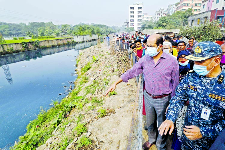 Mayor of Dhaka North City Corporation Atiqul Islam inspects Rupnagar canal of the city's Mirpur on Wednesday after cleaning waste.
