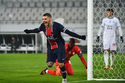 Paris Saint-Germain's forward Mauro Icardi celebrates after scoring a goal during the French Champions Trophy football match against Marseille at the Bollaert-Delelis Stadium in Lens, France on Wednesday.