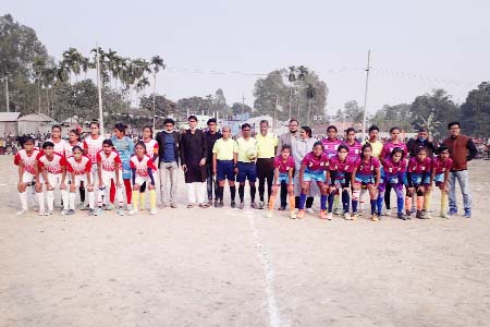 Md Sanowar Hossain, MP, of Tangail-5 with Tangail Pourashava Women's Football team and Tangail Sadar Upazila Women's Football team and President of Santosh Rothkhola Village Development Committee Md Azizul Haque pose for a photo session at Santosh Rothk