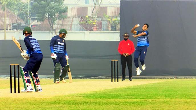 Tamim XI's Saifuddin bowls during their second practice match against Mahmudullah XI at Bangladesh Krira Shikkha Protishtan (BKSP) on Saturday.