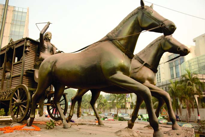 The sculpture named 'Rajashik' for beautification of the capital is in dismal condition due to lack of proper care. This photo was taken from in front of Hotel InterContinental Dhaka on Monday.