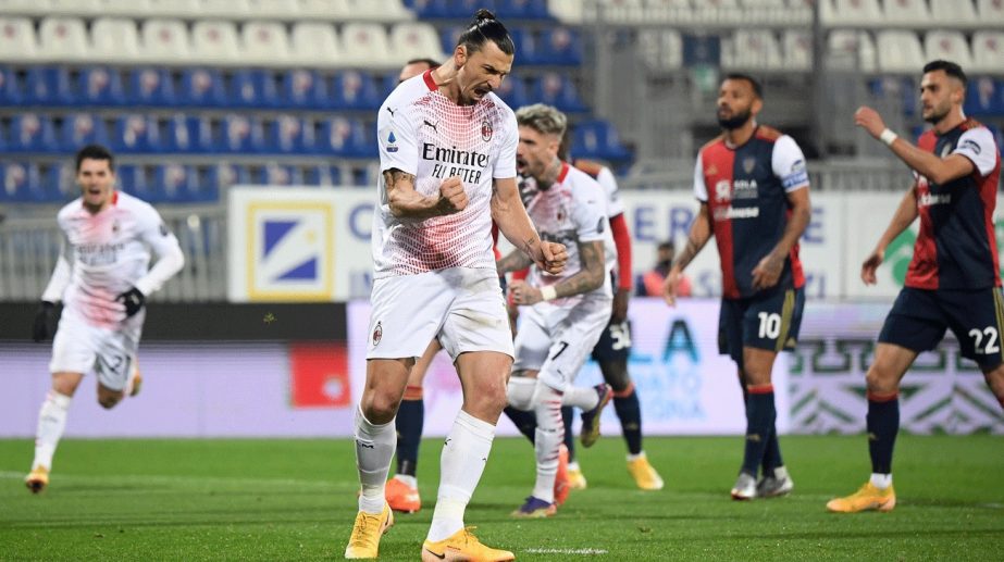 AC Milan's Zlatan Ibrahimovic celebrates his first goal against Caglari on Monday.