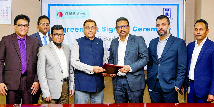 Monzur Mofiz, Additional Managing Director of ONE Bank Limited and Munawar Reza Khan, Executive Director of Manabik Shahajya Sangstha (MSS)), exchanging an agreement signing document on behalf of their respective organizations. Under the deal, MSS will di