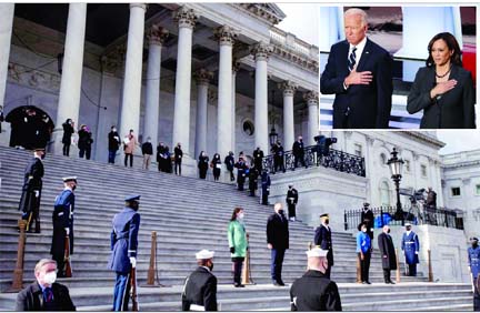 Stand-ins for US President-elect Joe Biden and his wife Jill reviewing the troops on the East Front of the US Capitol during a dress rehearsal for 59th Presidential Inauguration, in Washington. Joe Biden and Kamala Harris in the inset.