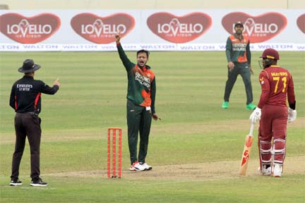 Shakib Al Hasan (second from the left) celebrating after dismissal of Andre McCarthy of West Indies during their first ODI match of the Bangabandhu Bangladesh-West Indies three-match ODI series at the Sher-e-Bangla National Cricket Stadium in the city's