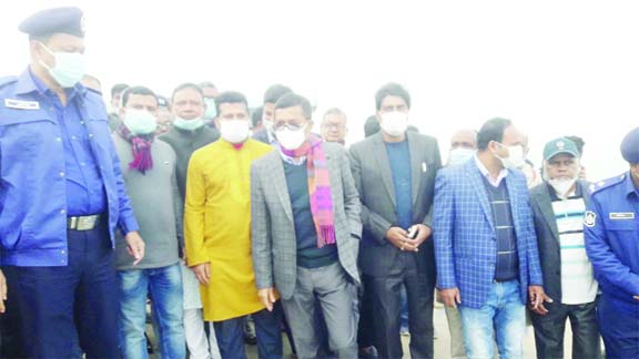 Deputy Minister for Water Resources AKM Enamul Haque Shamim visits the progress of work of Bank Protection Project of Padma River in Naria in Shariatpur on Friday morning.