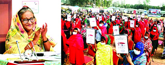 Prime Minister Sheikh Hasina hands over deeds of houses and land among the landless families countrywide from Ganobhaban virtually on Saturday marking 'Mujib Barsho'.