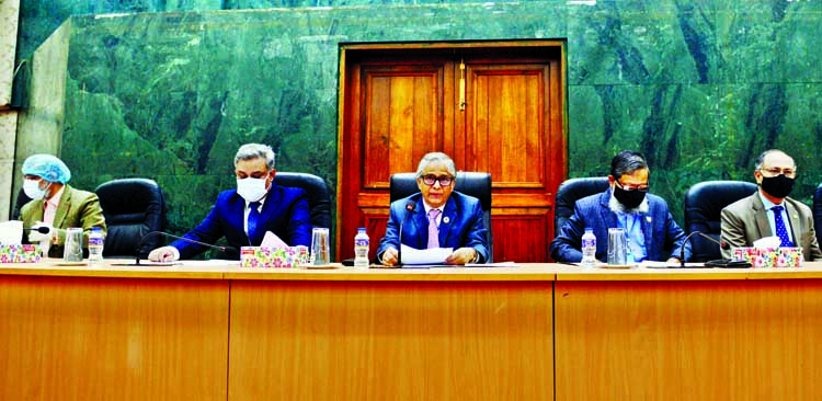 Vice-Chancellor of Dhaka University Professor Dr Md. Akhtaruzzaman speaks at a discussion meeting in order to observe International Mother Language Day 2021 with due solemnity and fairness at Dhaka University Senate Bhaban in the capital on Sunday.