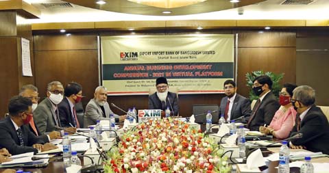 Md. Nazrul Islam Mazumder, Chairman of EXIM Bank Limited, presiding over its 'Annual Business Development Conference 2021' held at its head office in the city Sunday. Dr. Mohammed Haider Ali Miah, Managing Director and CEO and other high officials of th