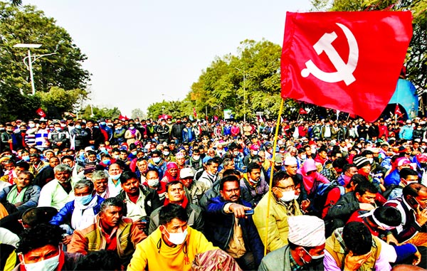 Protesters affiliated with a faction of the ruling Nepal Communist Party take part in a rally against the dissolution of parliament, in Kathmandu, Nepal on January 22, 2021