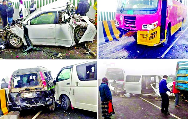 A private car, microbus, mini-coaster, bus and truck get smashed being rammed down each other on Dhaka-Mawa Expressway in Munshiganj district as the surrounding remained hazzy due to dense fog on Monday.